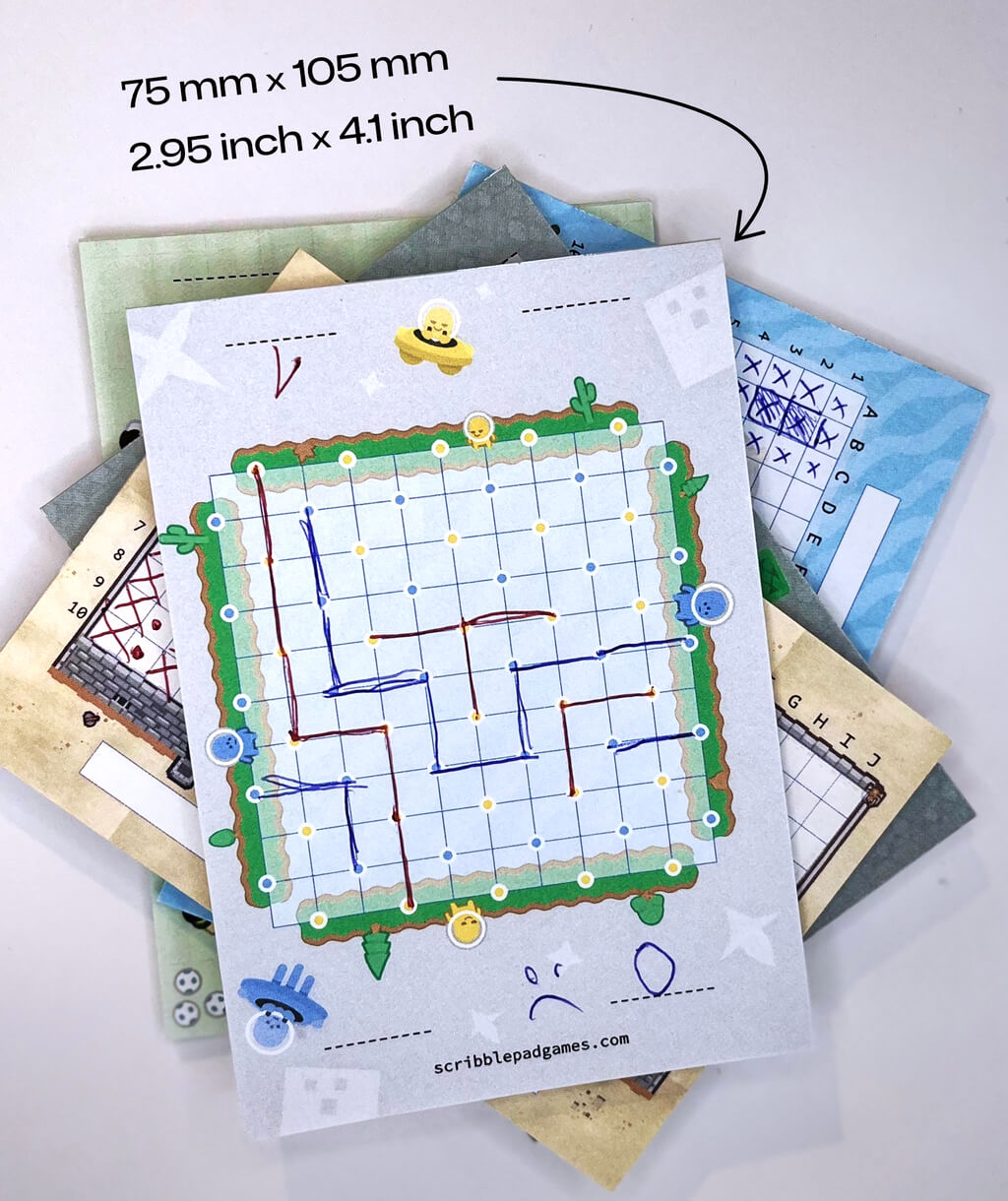 All ScribblePadGames notepads are 75x105 mm / 2.95x4.1 inch
